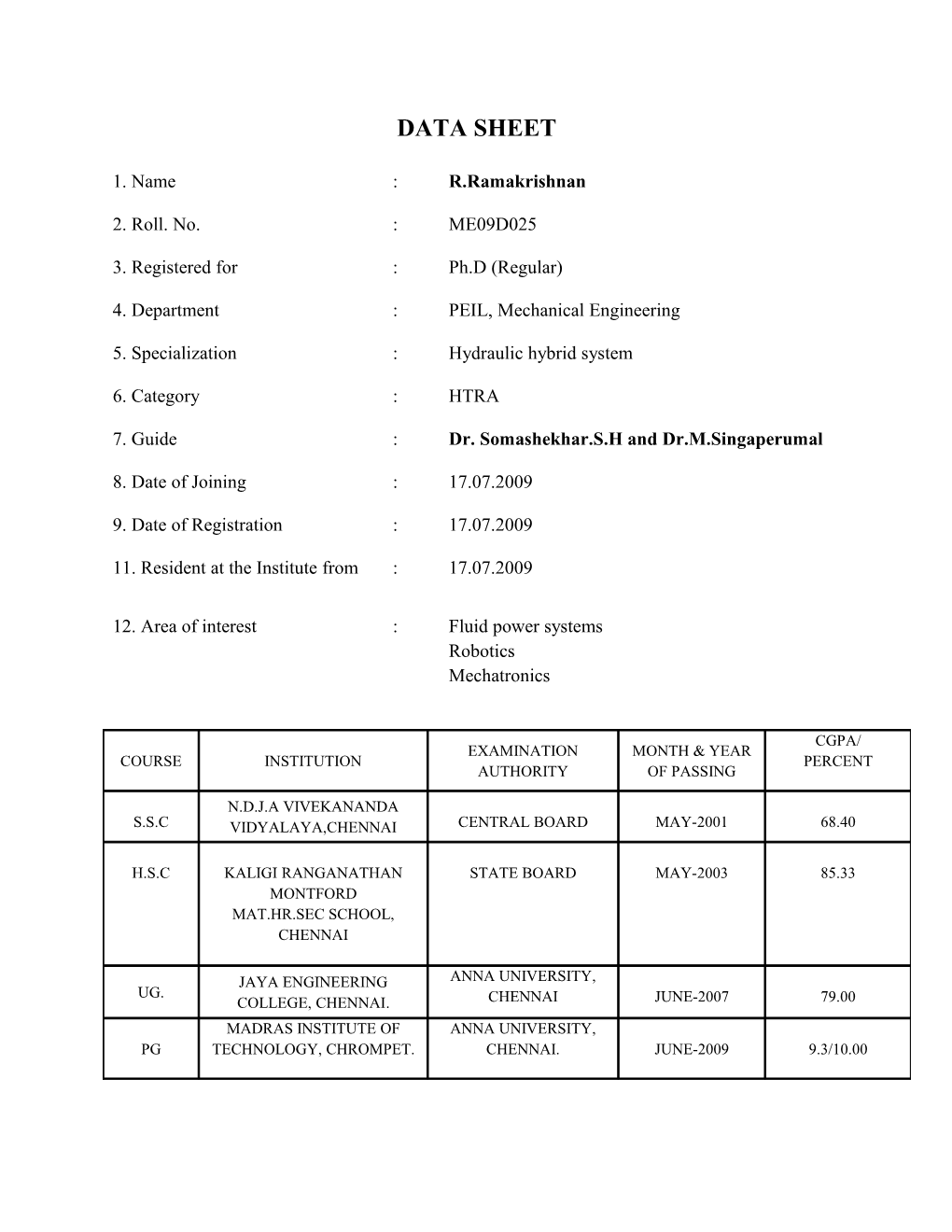 4. Department : PEIL, Mechanical Engineering