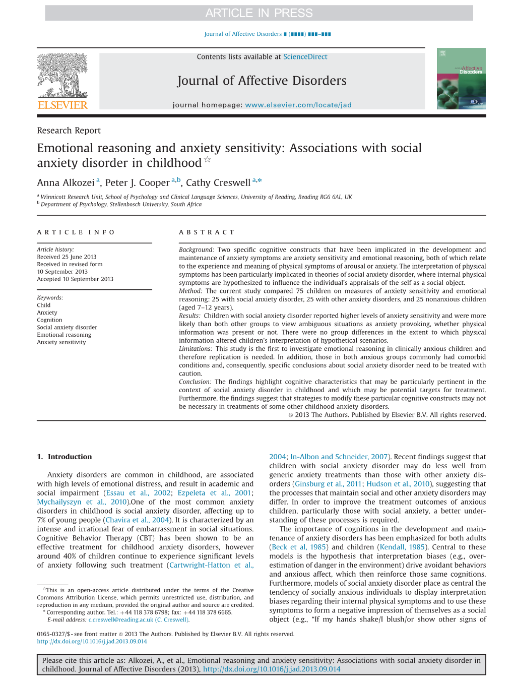 Emotional Reasoning and Anxiety Sensitivity Associations with Social
