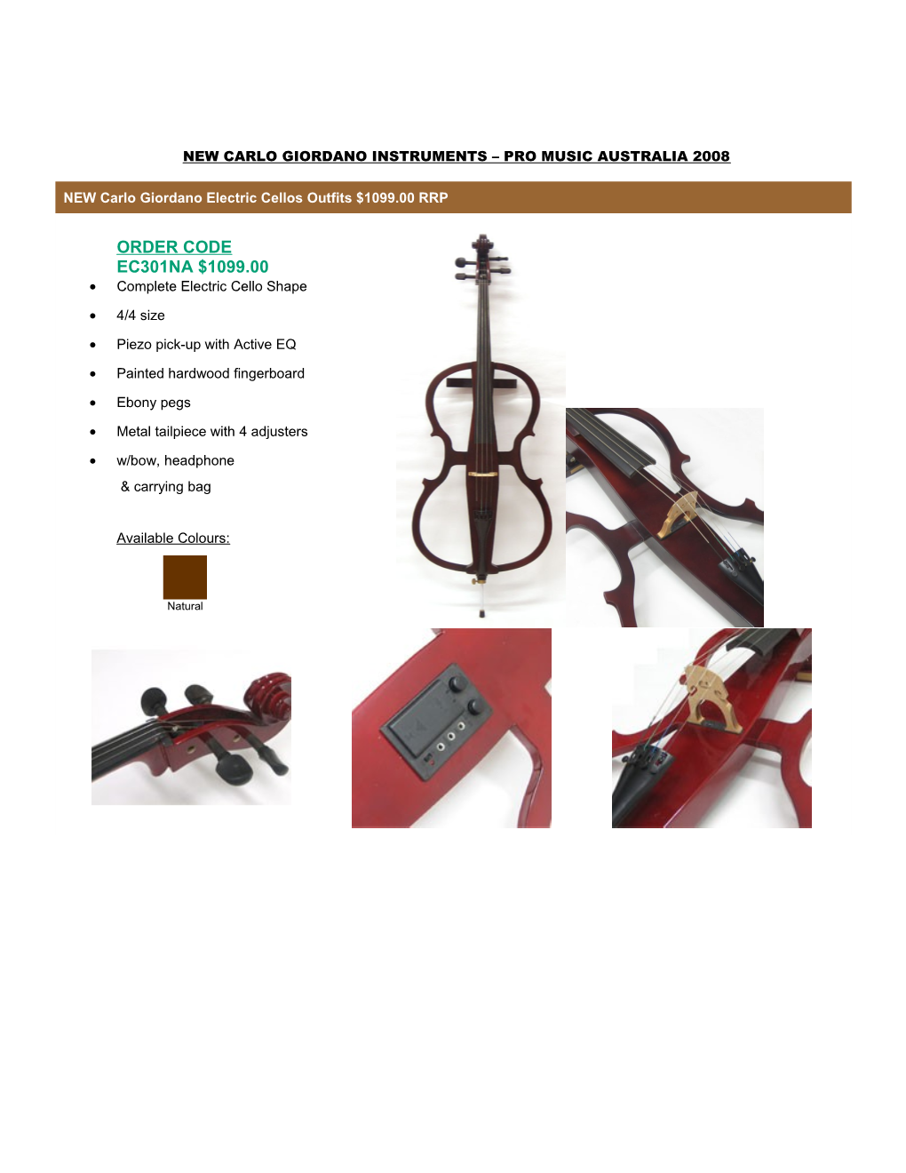 NEW Carlo Giordano Electric Double Bass Outfits $1399.00 RRP ORDER CODE EB401 (Colour