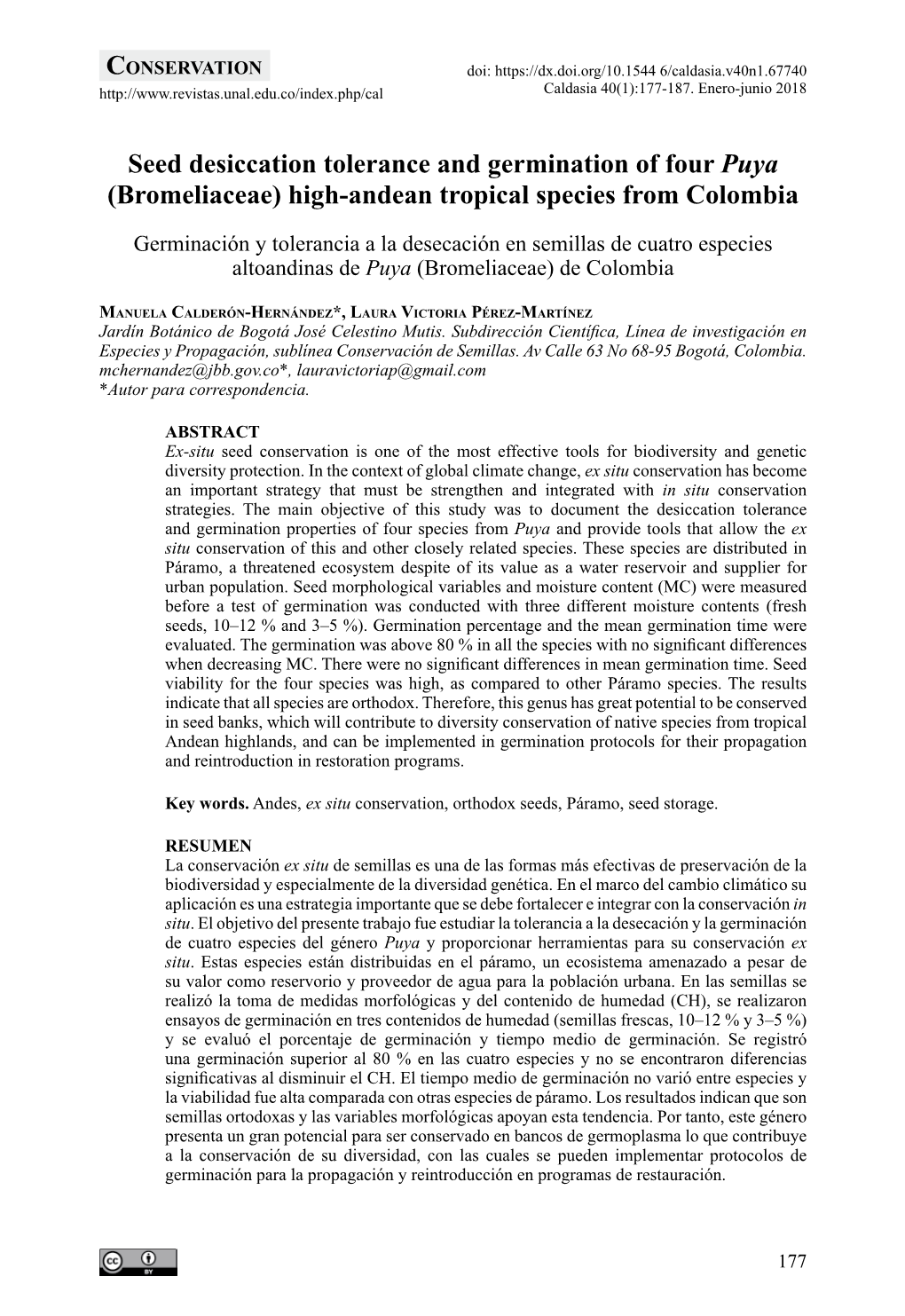 Seed Desiccation Tolerance and Germination of Four Puya (Bromeliaceae) High-Andean Tropical Species from Colombia