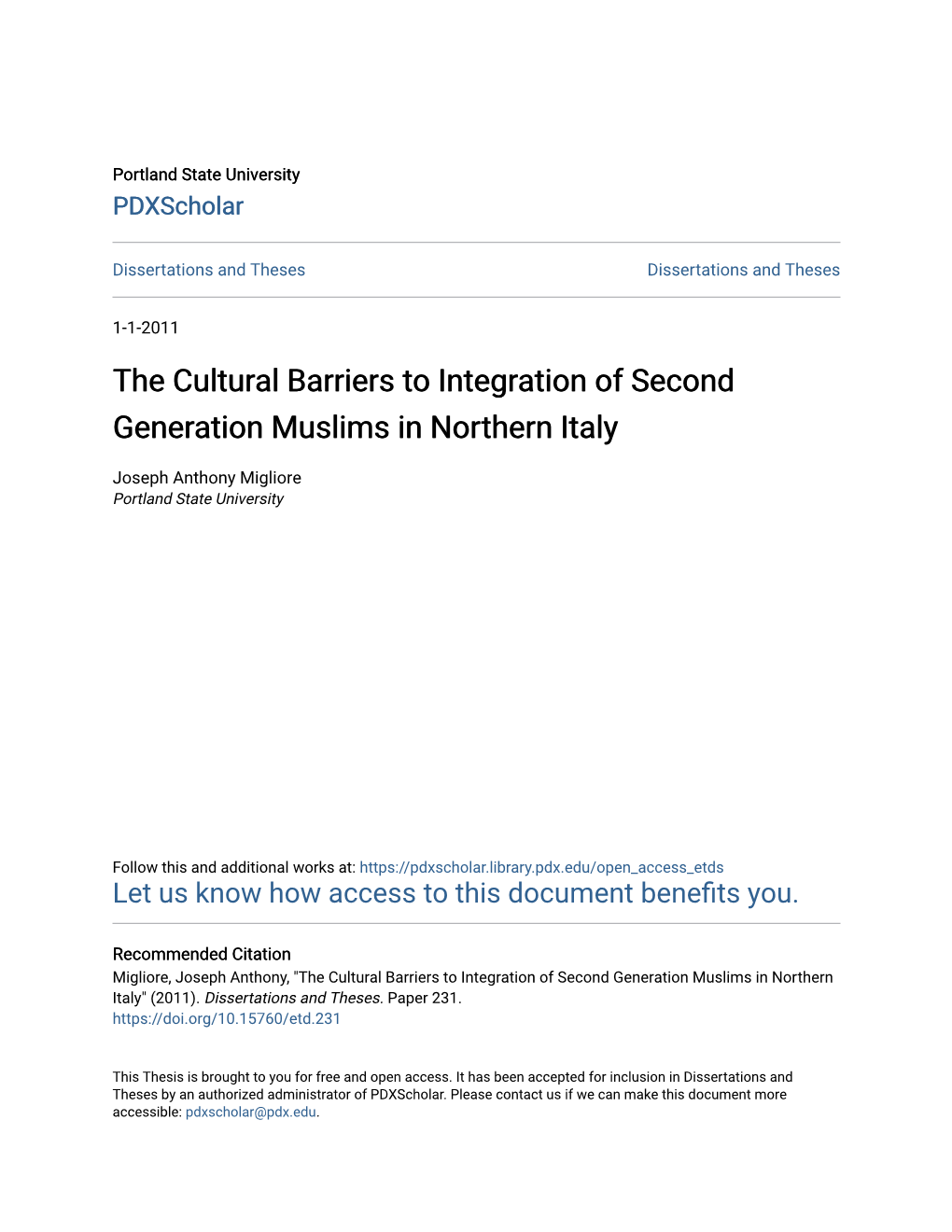 The Cultural Barriers to Integration of Second Generation Muslims in Northern Italy