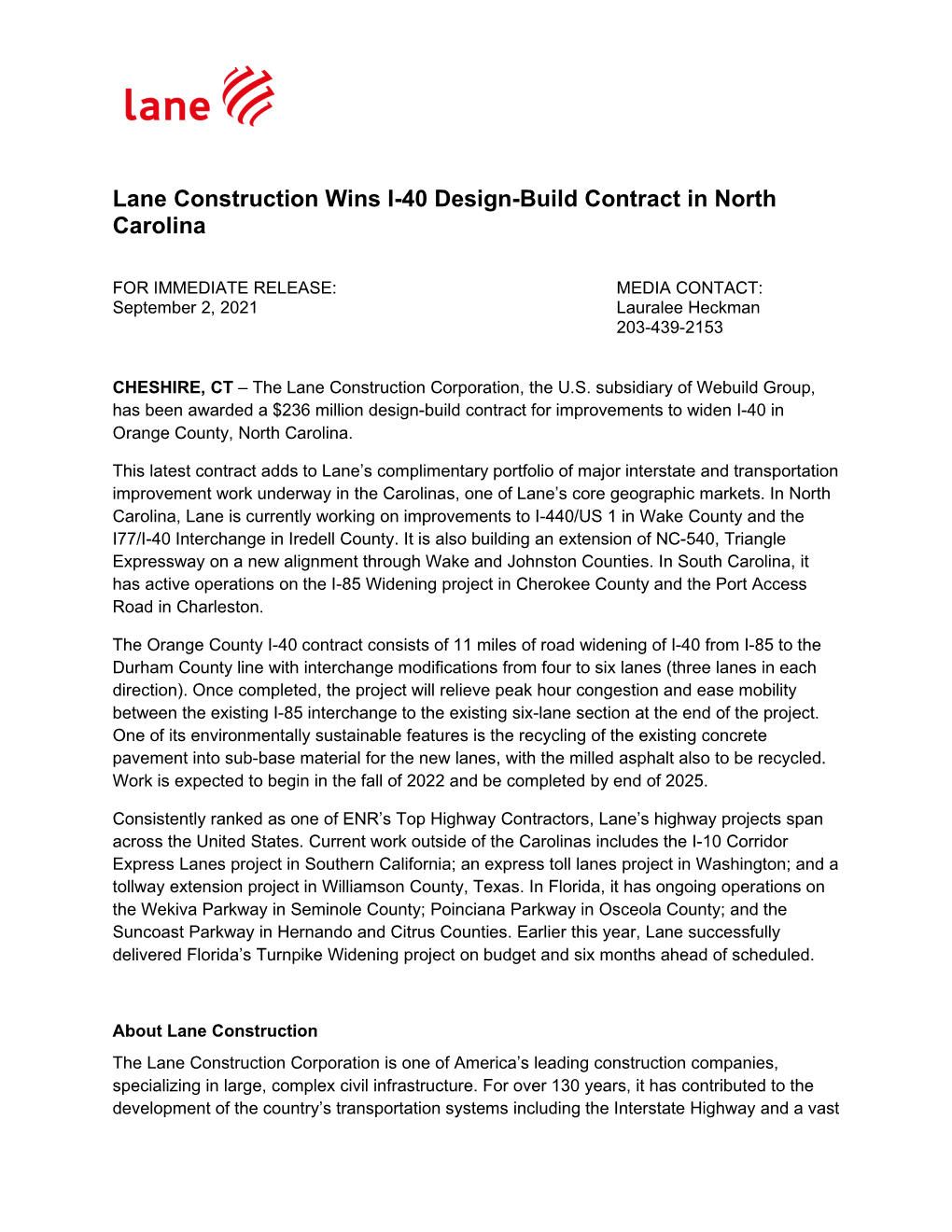 Lane Construction Wins I-40 Design-Build Contract in North Carolina