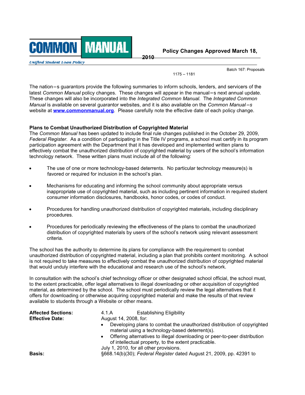 Policy Changes Approved March 18, 2010