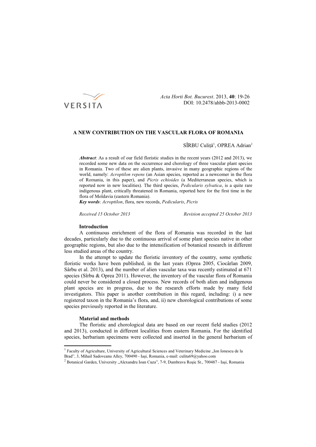 Acta Horti Bot. Bucurest. 2013, 40: 19-26 DOI: 10.2478/Ahbb-2013-0002