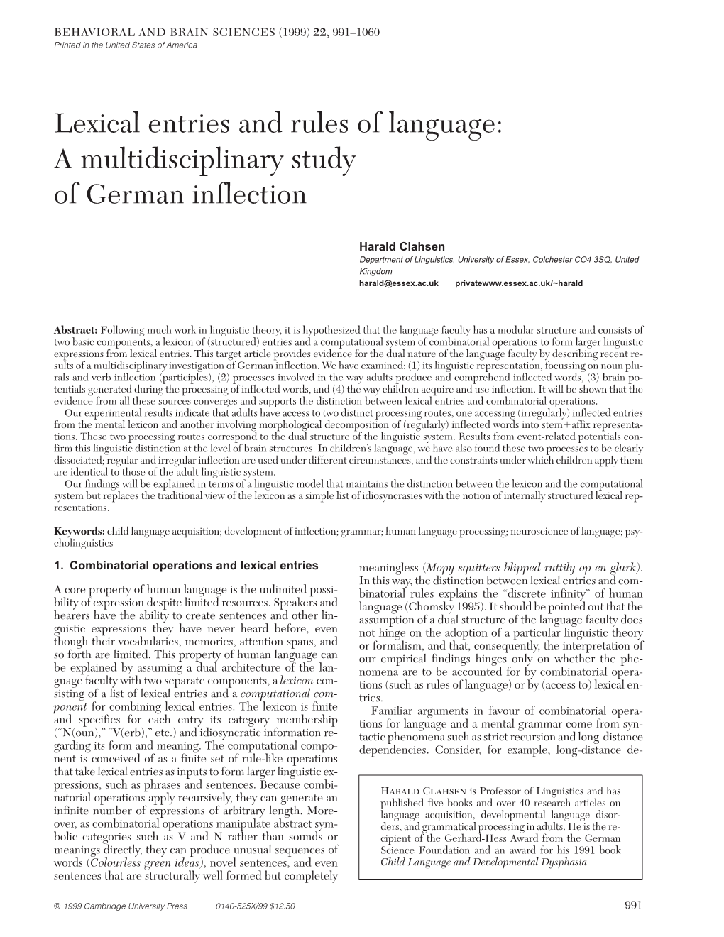 Lexical Entries and Rules of Language: a Multidisciplinary Study of German Inflection