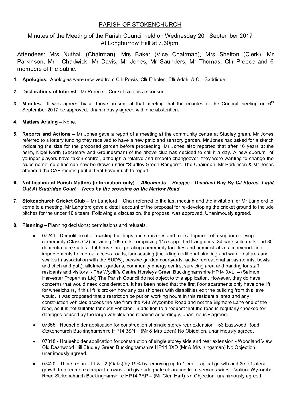 PARISH of STOKENCHURCH Minutes of the Meeting of the Parish Council Held on Wednesday 20Th September 2017 at Longburrow Hall at 7.30Pm