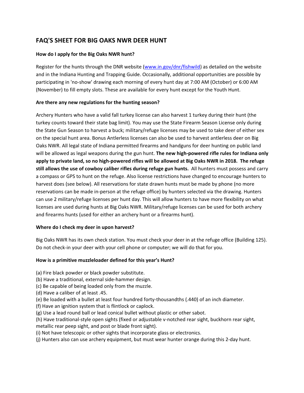 Faq's Sheet for Big Oaks Nwr Deer Hunt