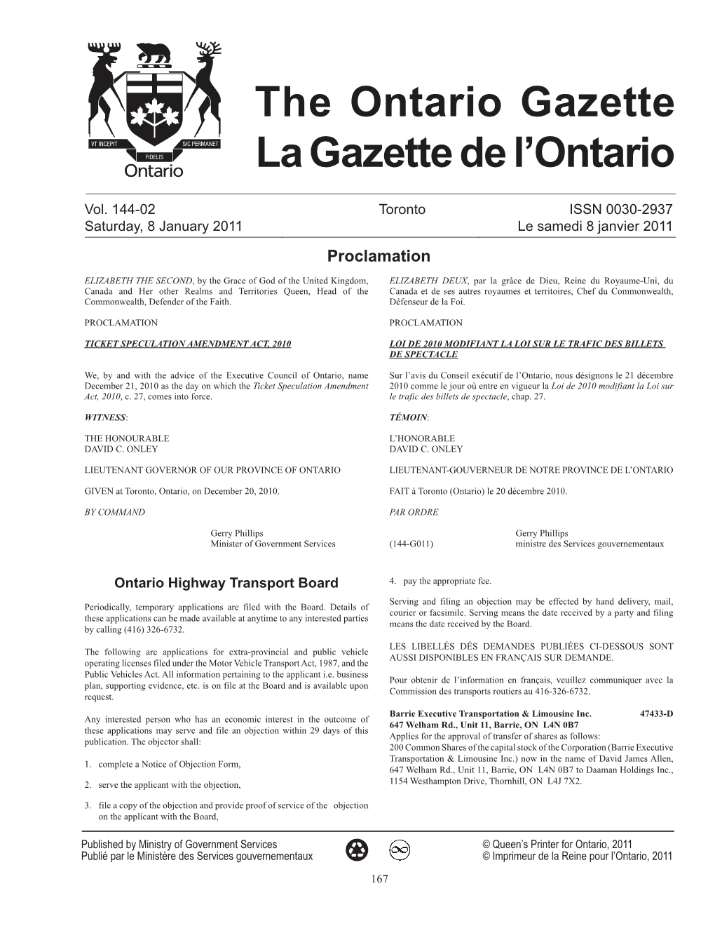 Ontario Gazette Volume 144 Issue 02, La Gazette De L'ontario Volume 144