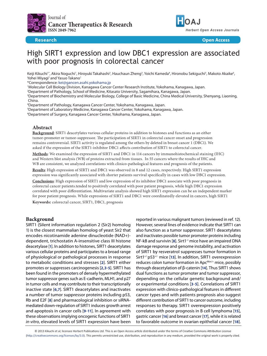 High SIRT1 Expression and Low DBC1 Expression Are Associated with Poor Prognosis in Colorectal Cancer
