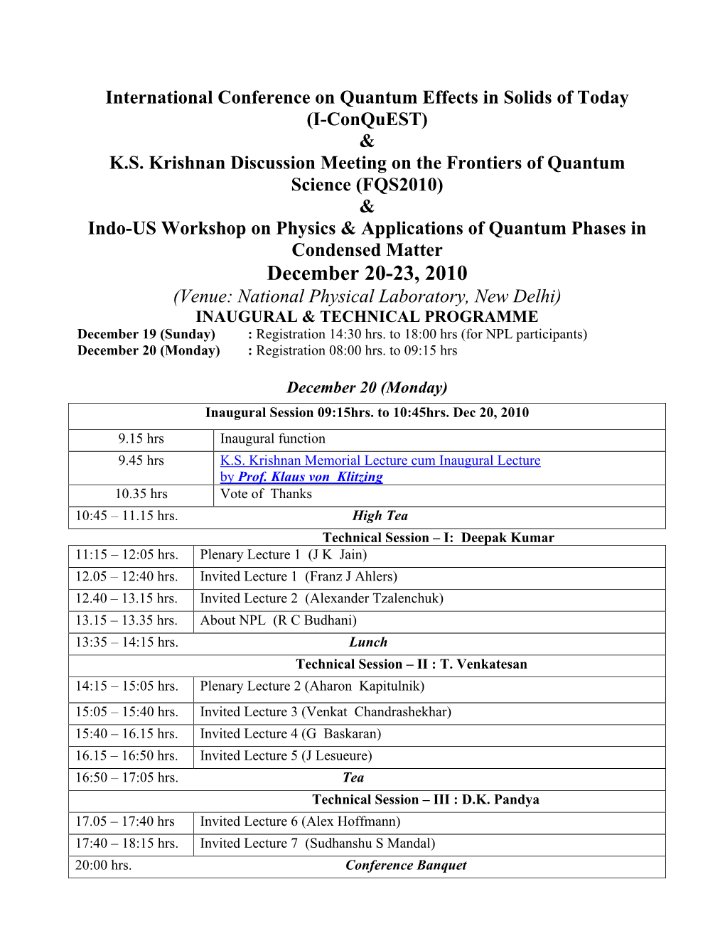 Inaugural & Technical Programme