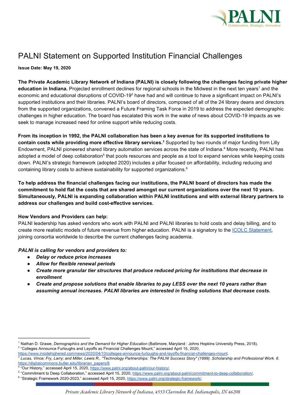 PALNI Statement on Supported Institution Financial Challenges