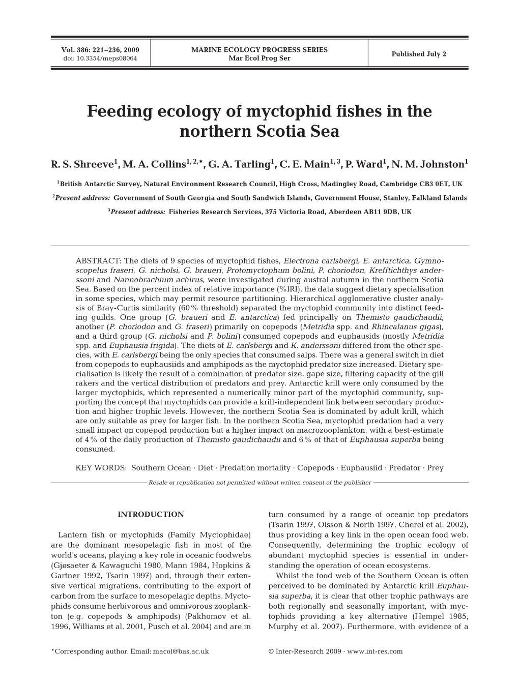 Feeding Ecology of Myctophid Fishes in the Northern Scotia Sea