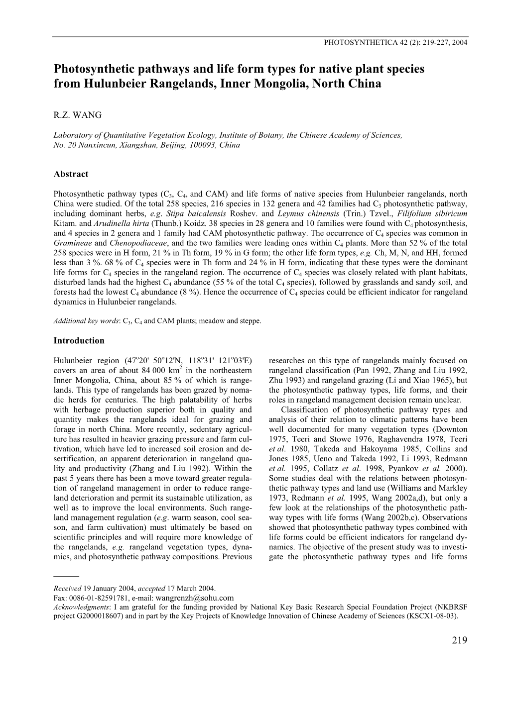 Photosynthetic Pathways and Life Form Types for Native Plant Species from Hulunbeier Rangelands, Inner Mongolia, North China