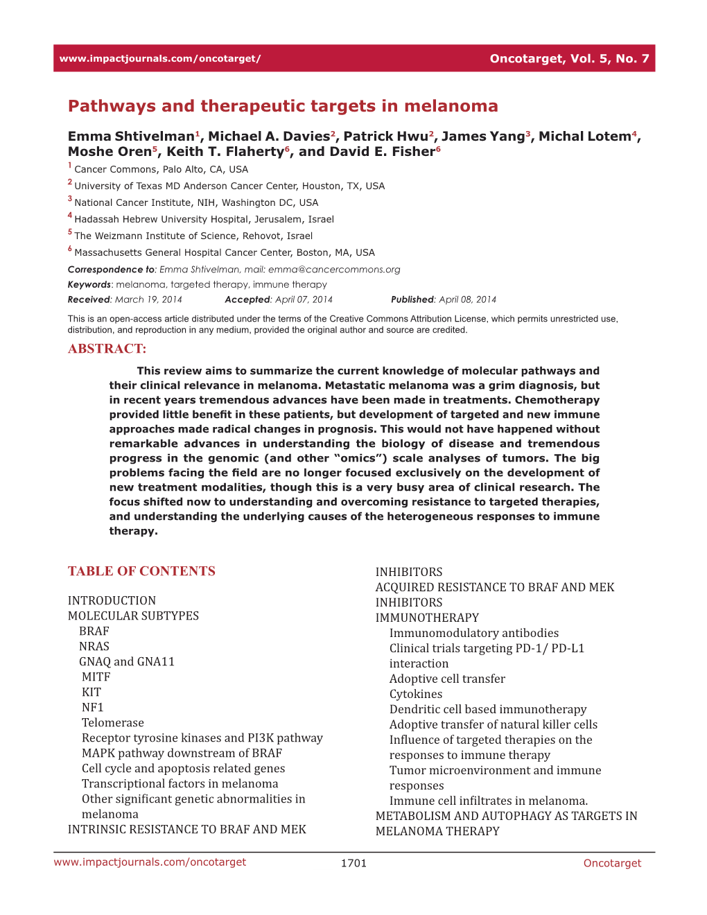 Pathways and Therapeutic Targets in Melanoma