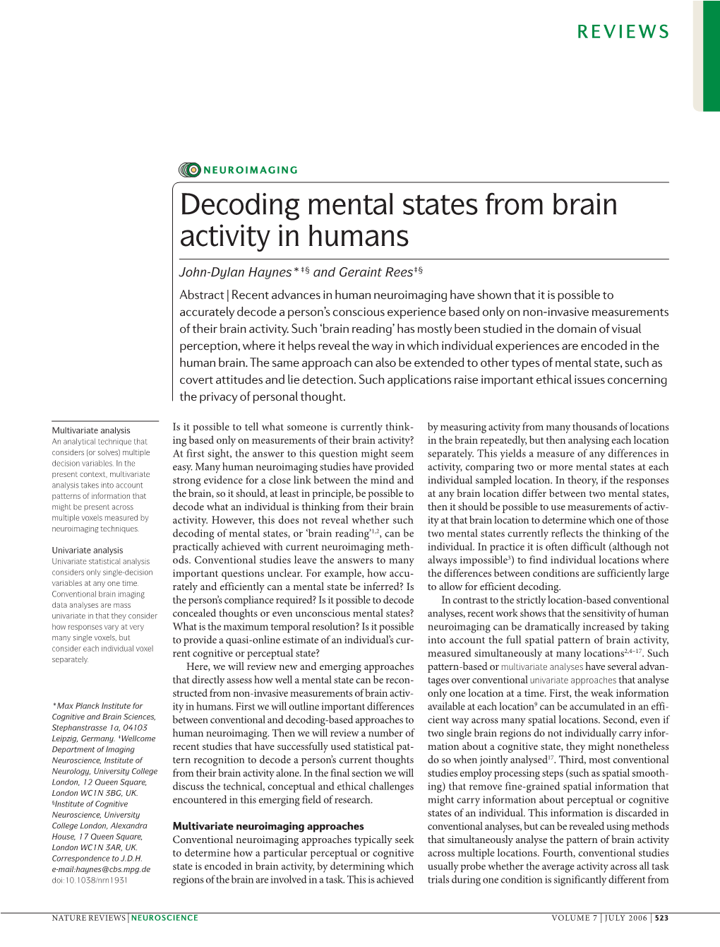 Decoding Mental States from Brain Activity in Humans