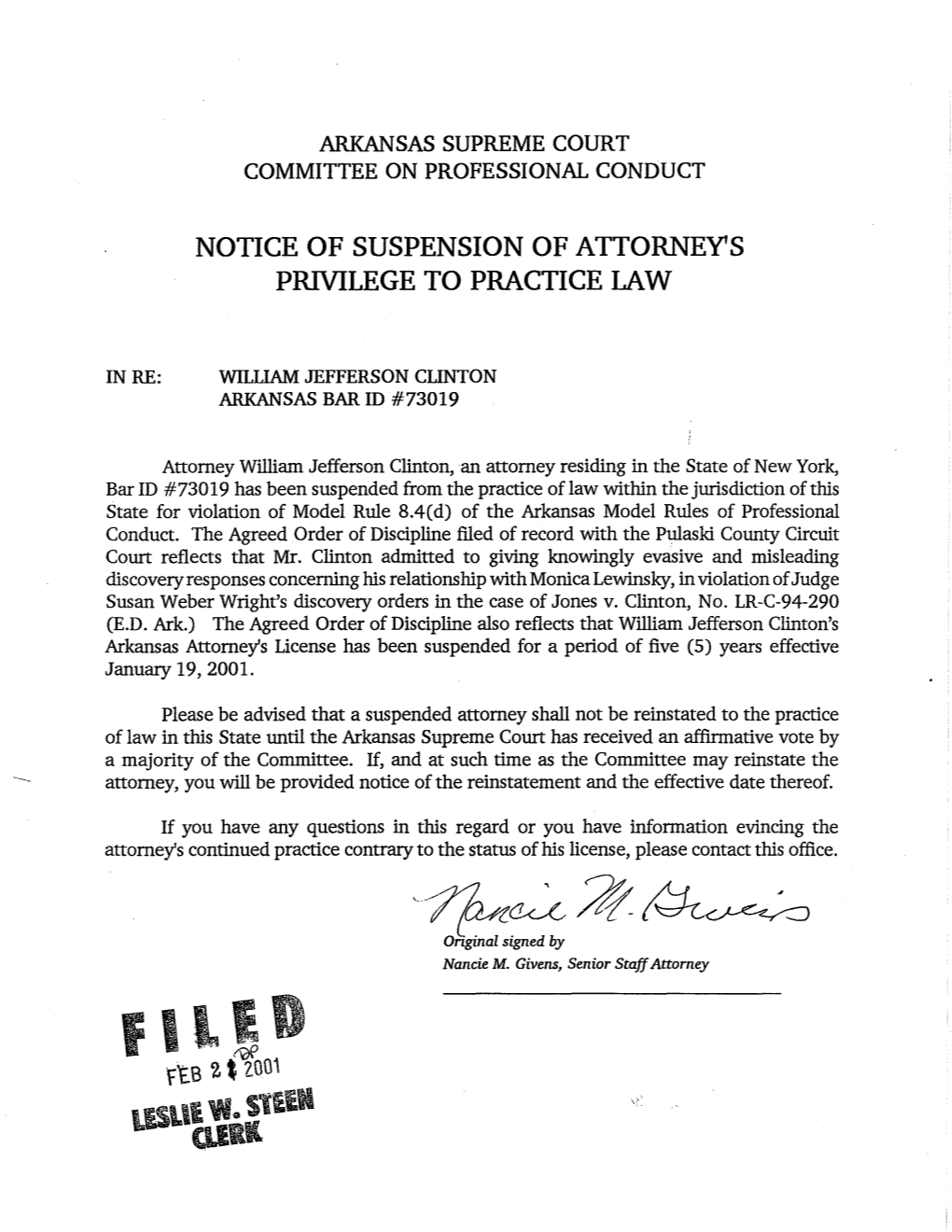 Notice of Suspension of Attorney's Privilege to Practice Law