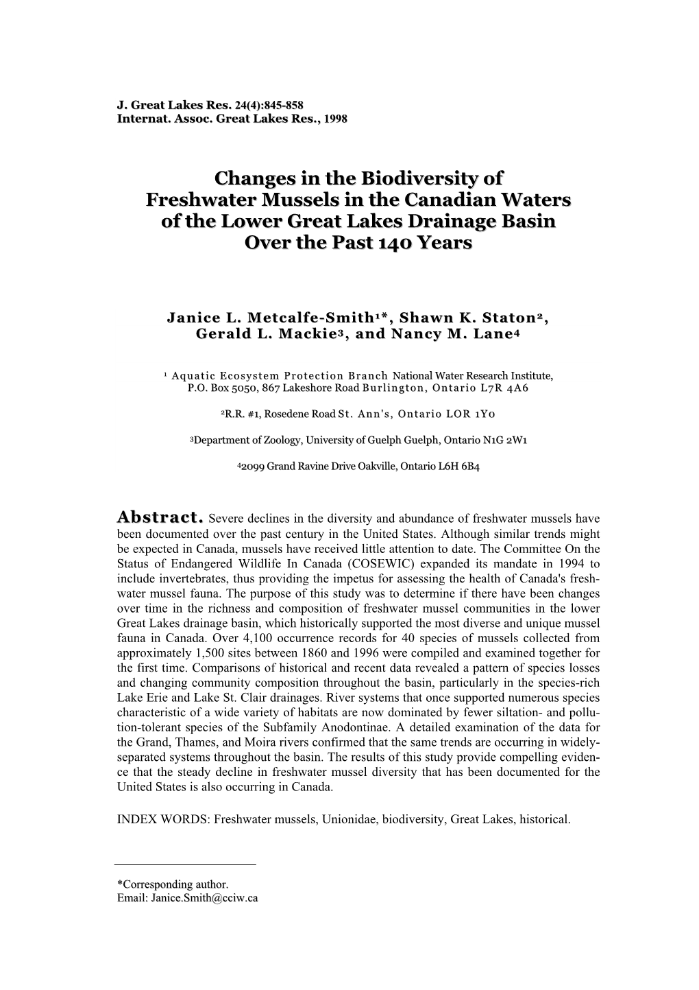 Changes in the Biodiversity of Freshwater Mussels in the Canadian Waters of the Lower Great Lakes Drainage Basin Over the Past 140 Years