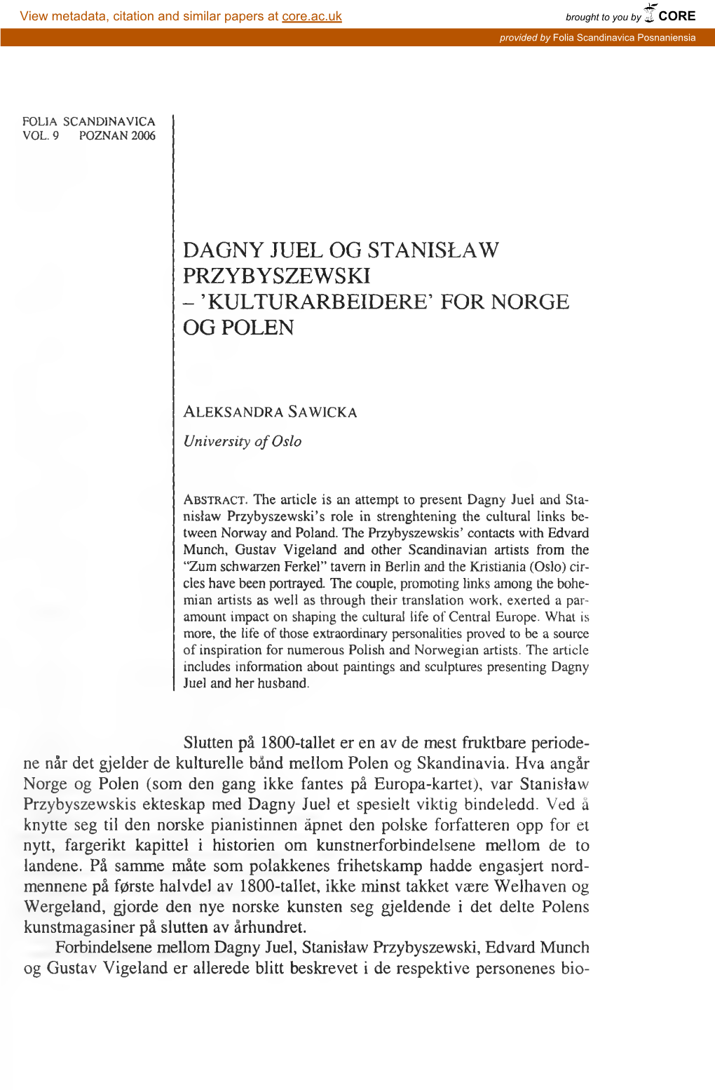 Dagny Juel Og Stanisław Przybyszewski - ’ Kulturarbeidere’ for Norge Og Polen