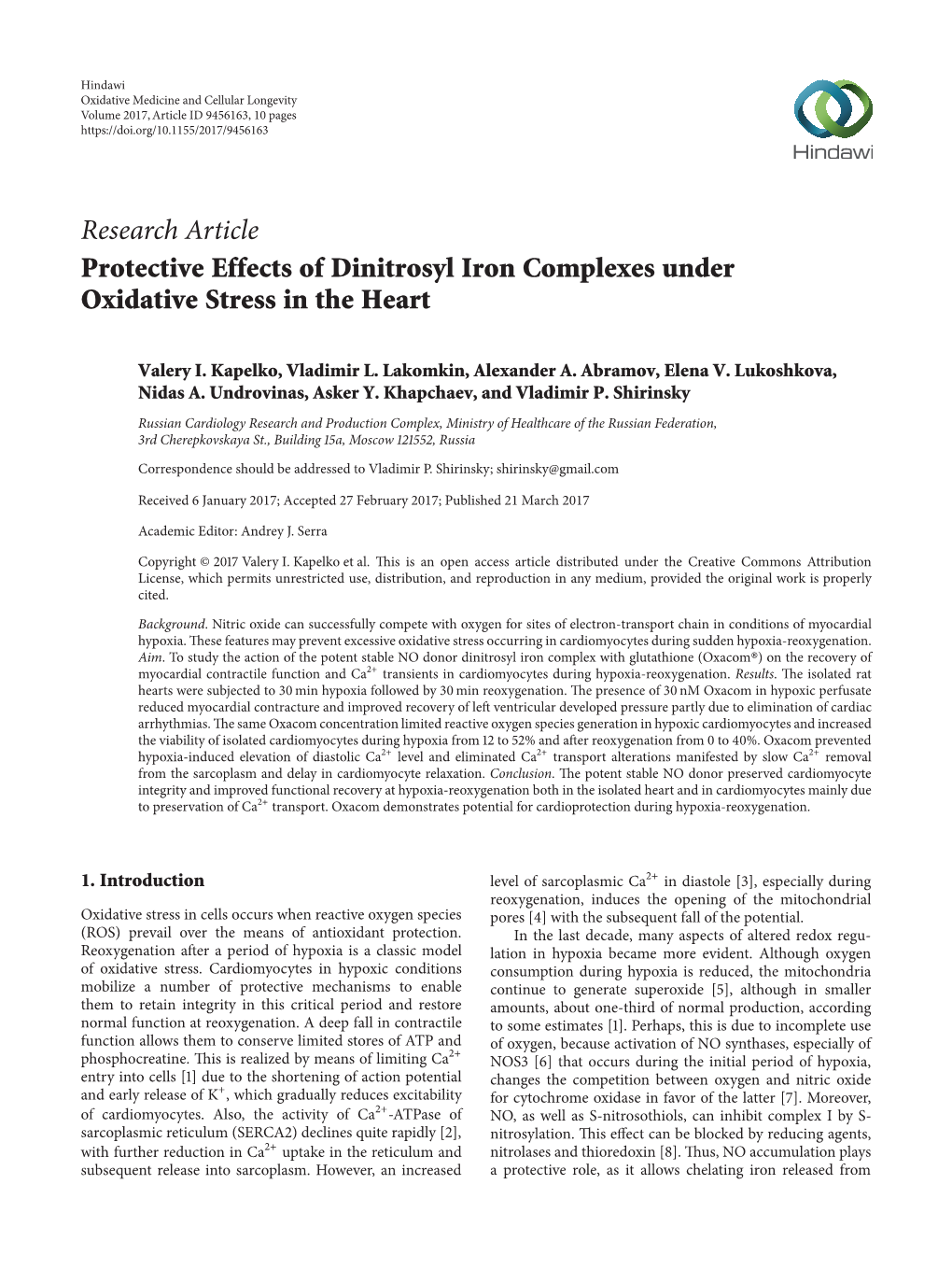 Research Article Protective Effects of Dinitrosyl Iron Complexes Under Oxidative Stress in the Heart