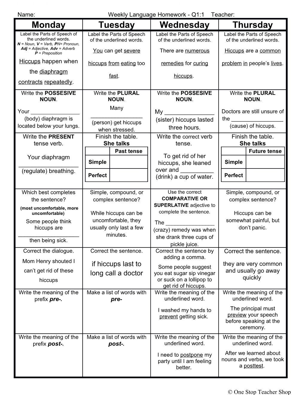 Name: Weekly Language Homework - Q1:1 Teacher