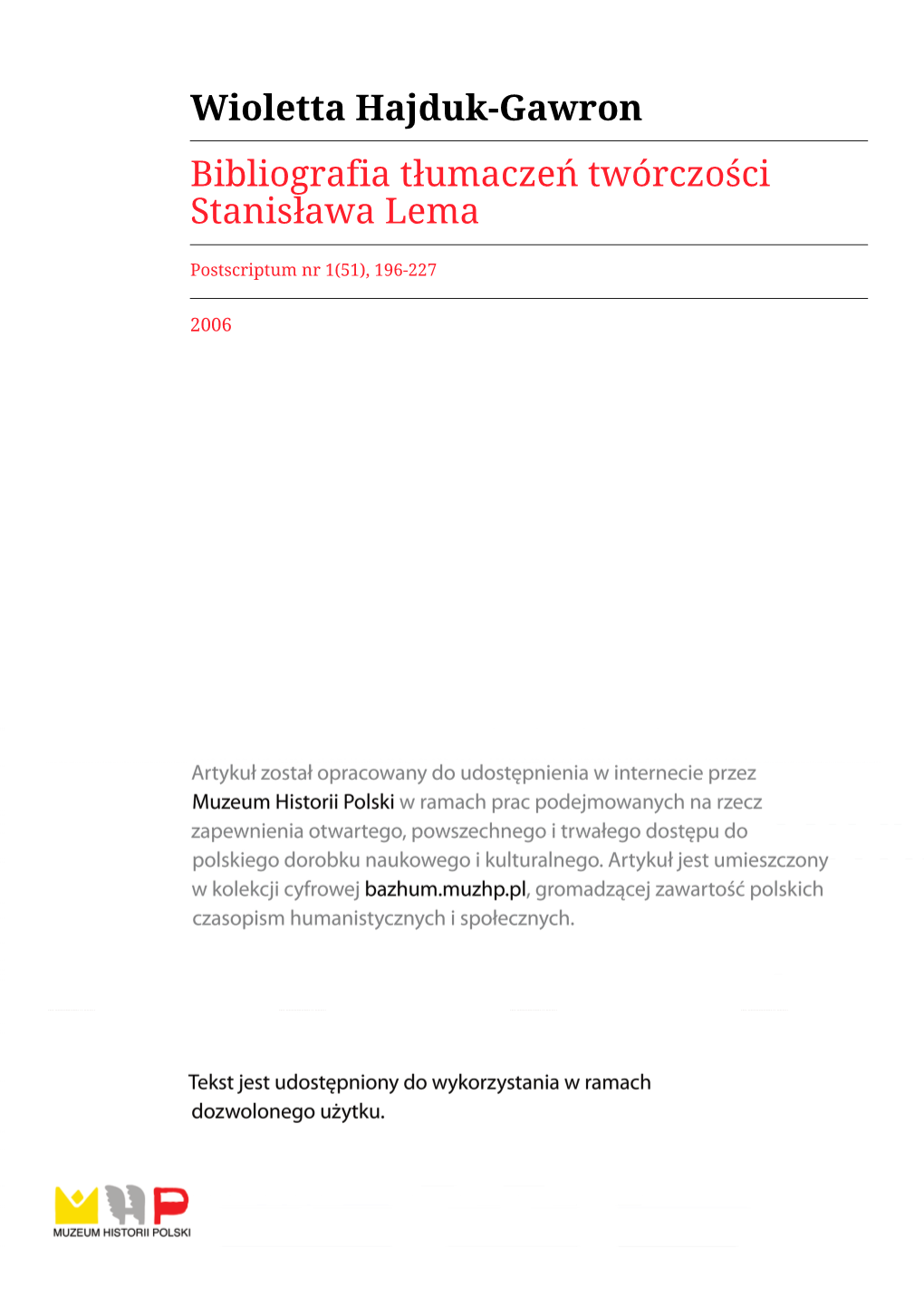 Wioletta Hajduk-Gawron Bibliografia Tłumaczeń Twórczości Stanisława Lema