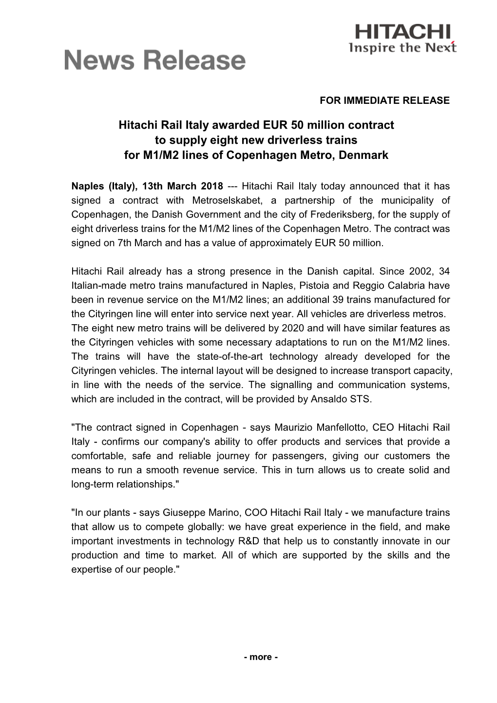 Hitachi Rail Italy Awarded EUR 50 Million Contract to Supply Eight New Driverless Trains for M1/M2 Lines of Copenhagen Metro, Denmark