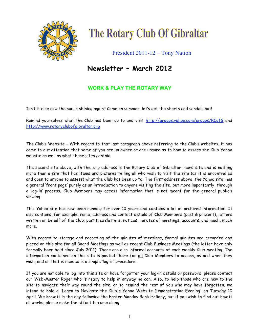 Newsletter – March 2012