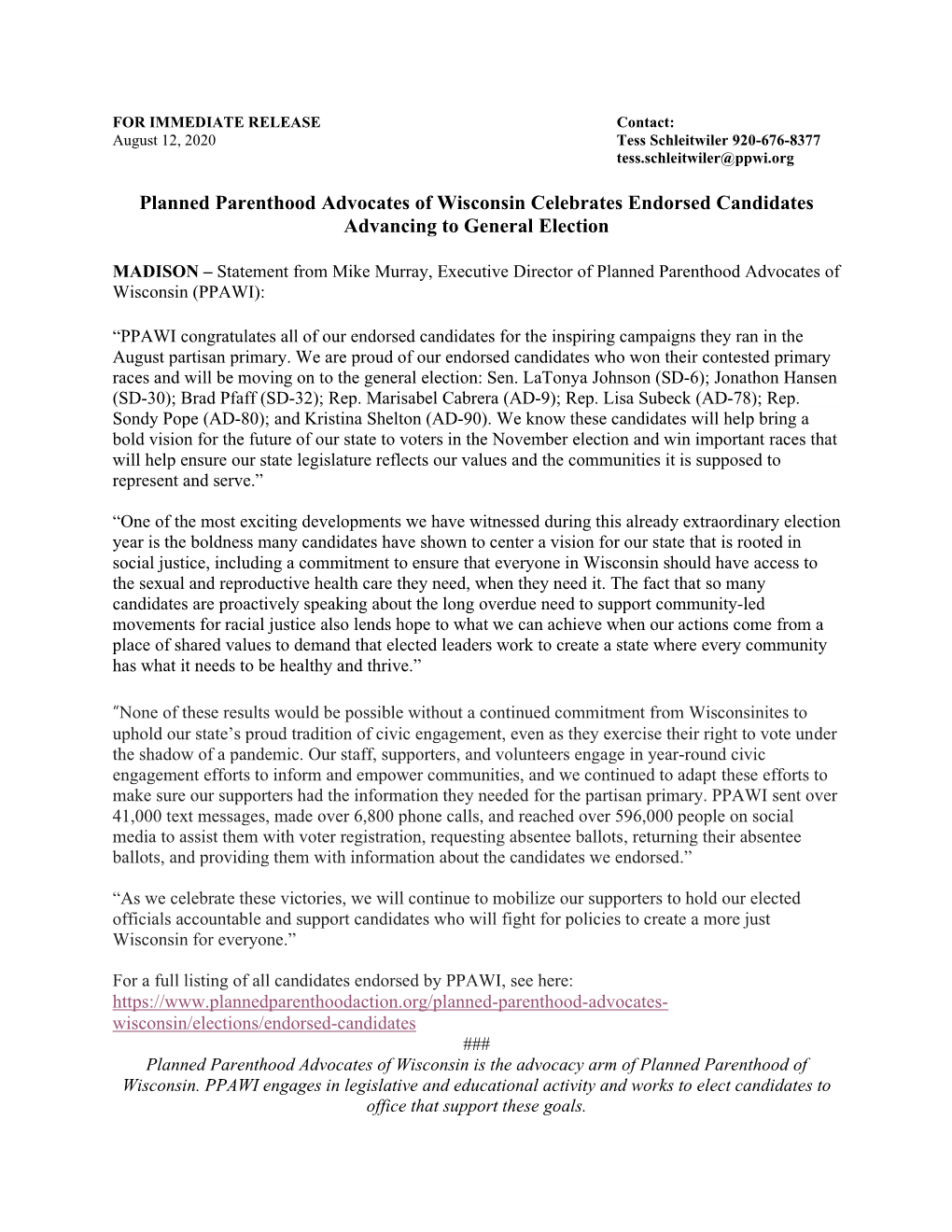 Planned Parenthood Advocates of Wisconsin Celebrates Endorsed Candidates Advancing to General Election