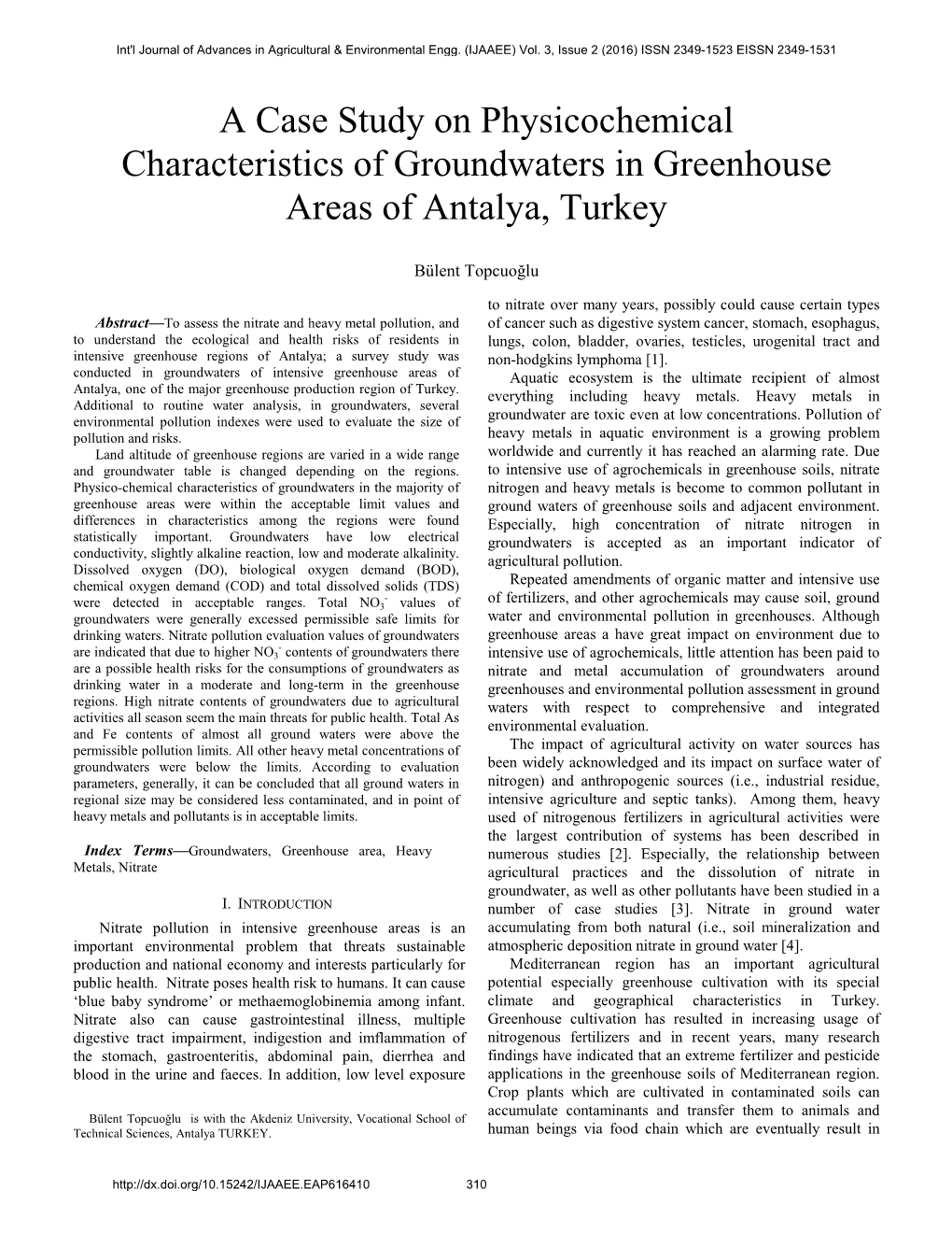 A Case Study on Physicochemical Characteristics of Groundwaters in Greenhouse Areas of Antalya, Turkey