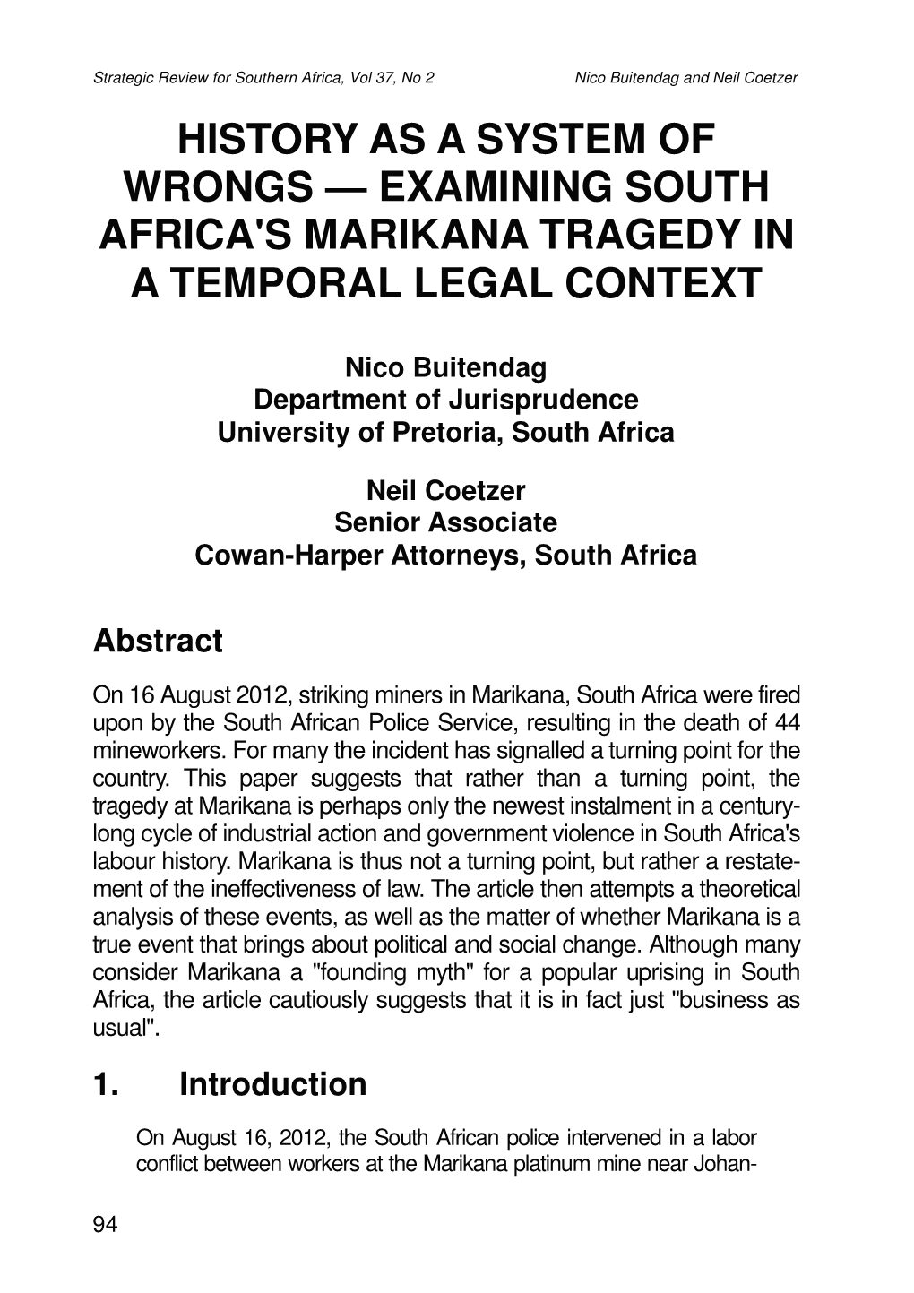 History As a System of Wrongs — Examining South Africa's Marikana Tragedy in a Temporal Legal Context