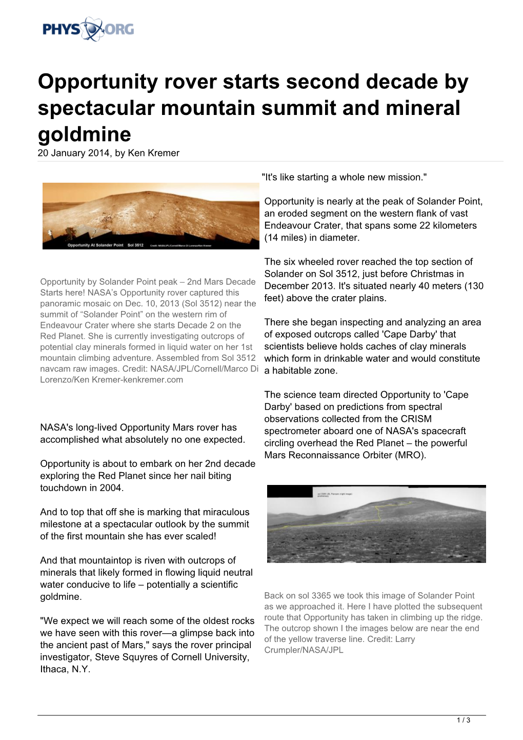 Opportunity Rover Starts Second Decade by Spectacular Mountain Summit and Mineral Goldmine 20 January 2014, by Ken Kremer