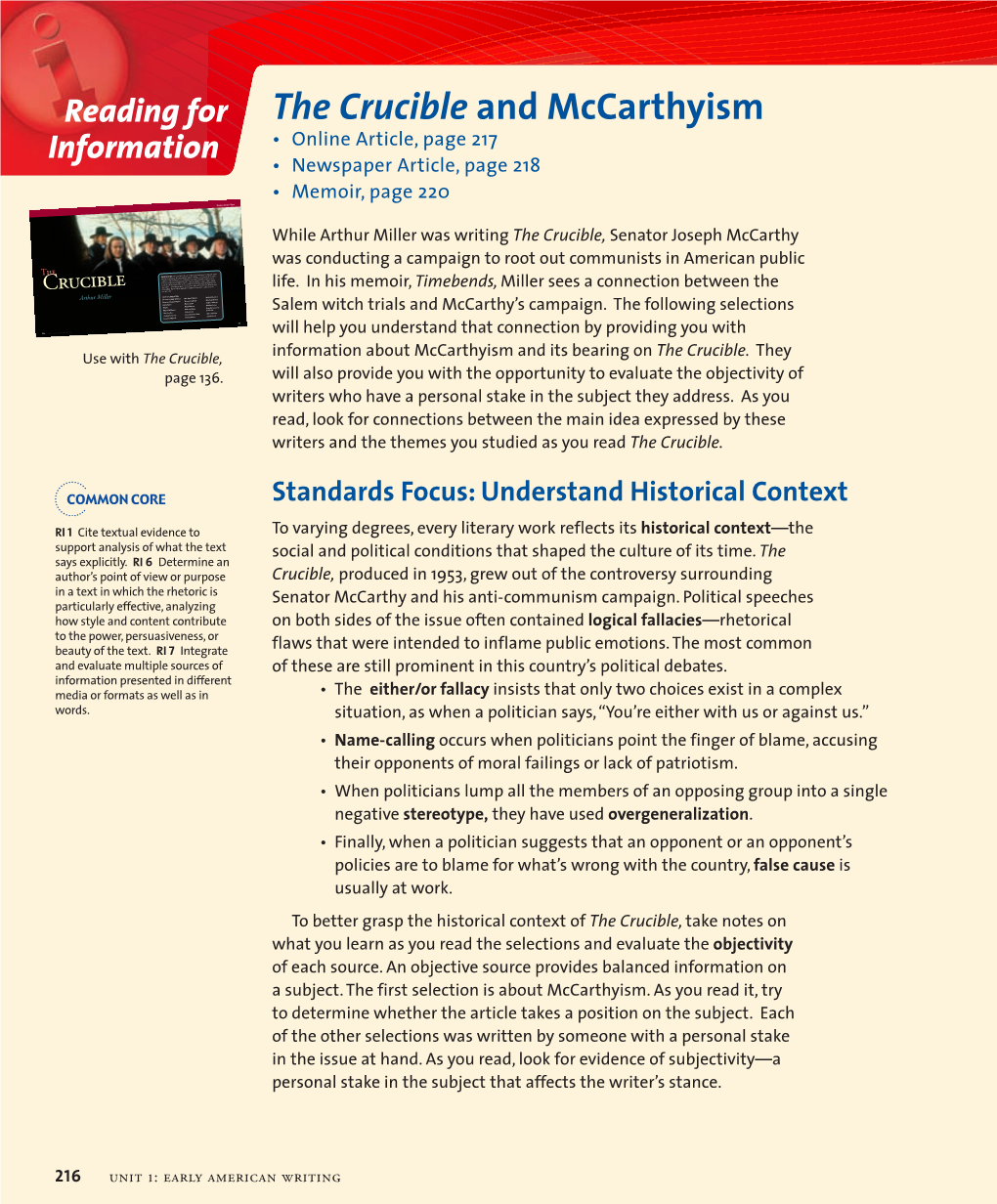 The Crucible and Mccarthyism Information • Online Article, Page 217 • Newspaper Article, Page 218 • Memoir, Page 220 4Hemesß!Crossß4ime