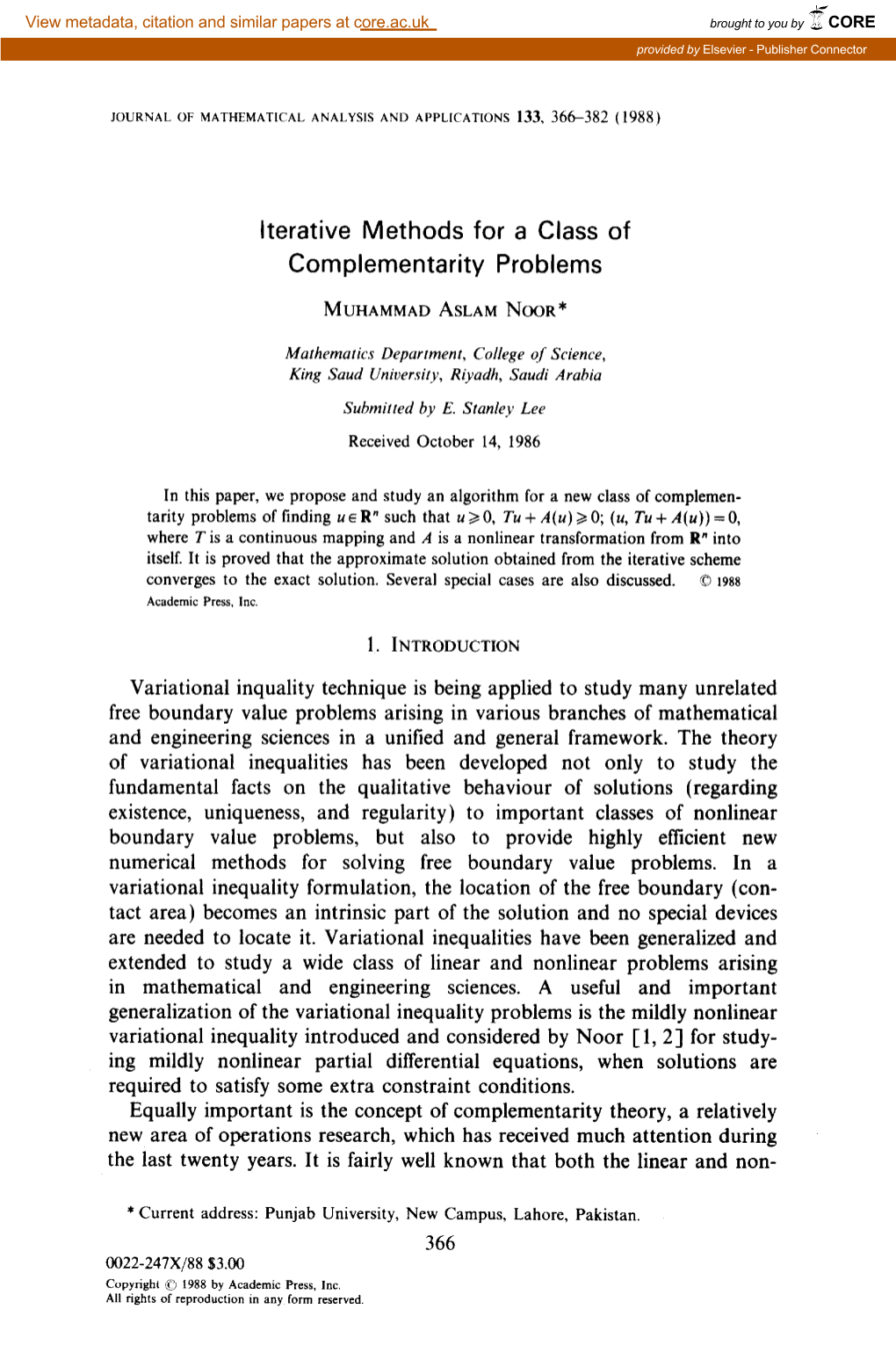 Iterative Methods for a Class of Complementarity Problems