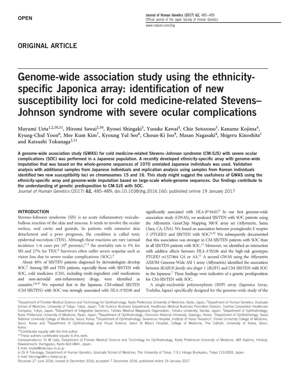 Genome-Wide Association Study Using the Ethnicity-Specific Japonica Array