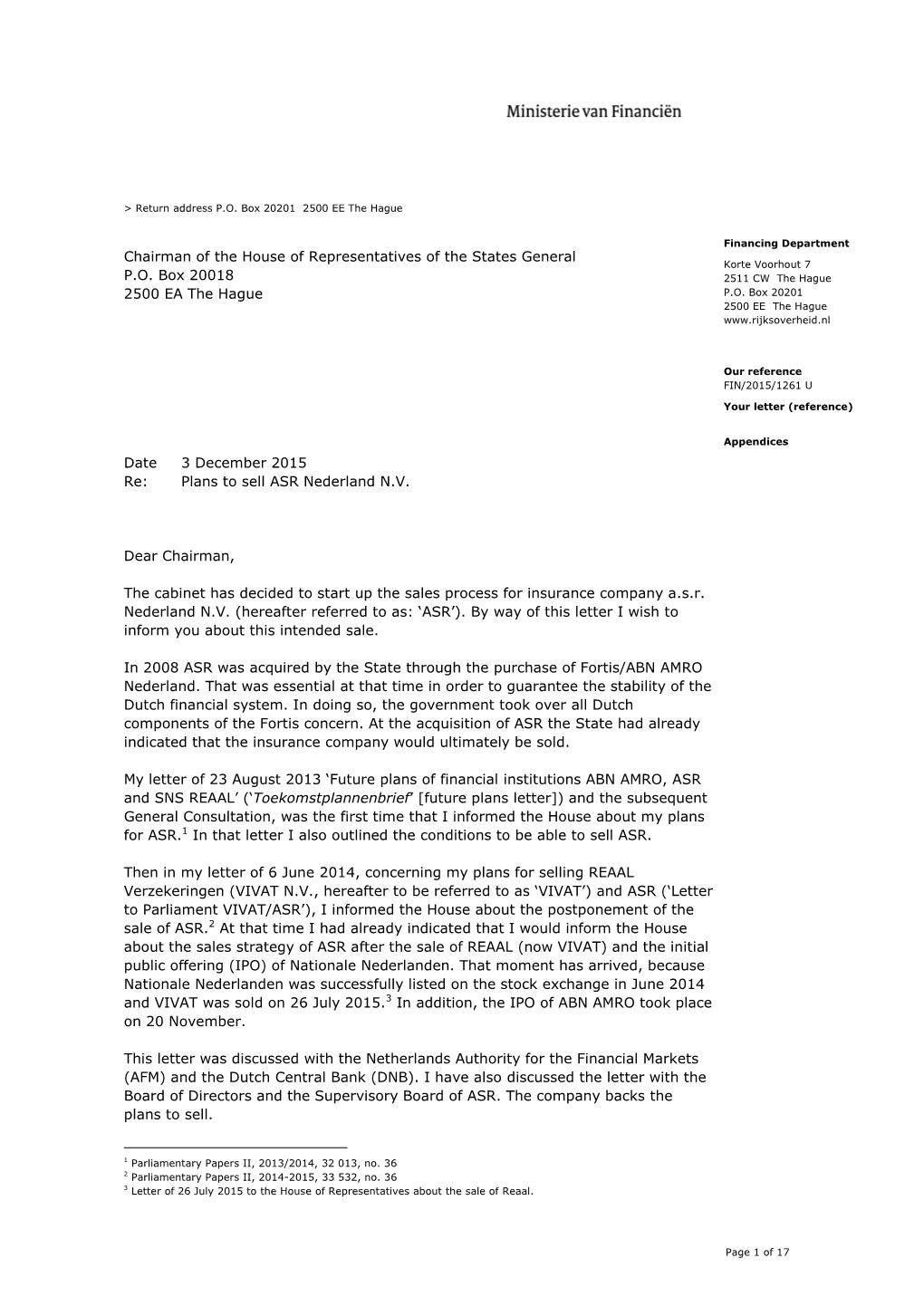 Letter to Parliament on Plans to Sell ASR Nederland N.V