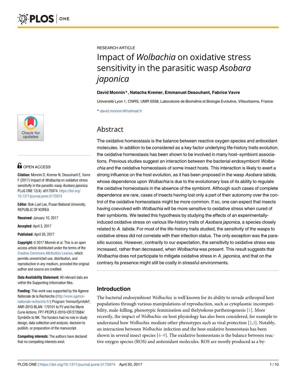 Impact of Wolbachia on Oxidative Stress Sensitivity in the Parasitic Wasp Asobara Japonica