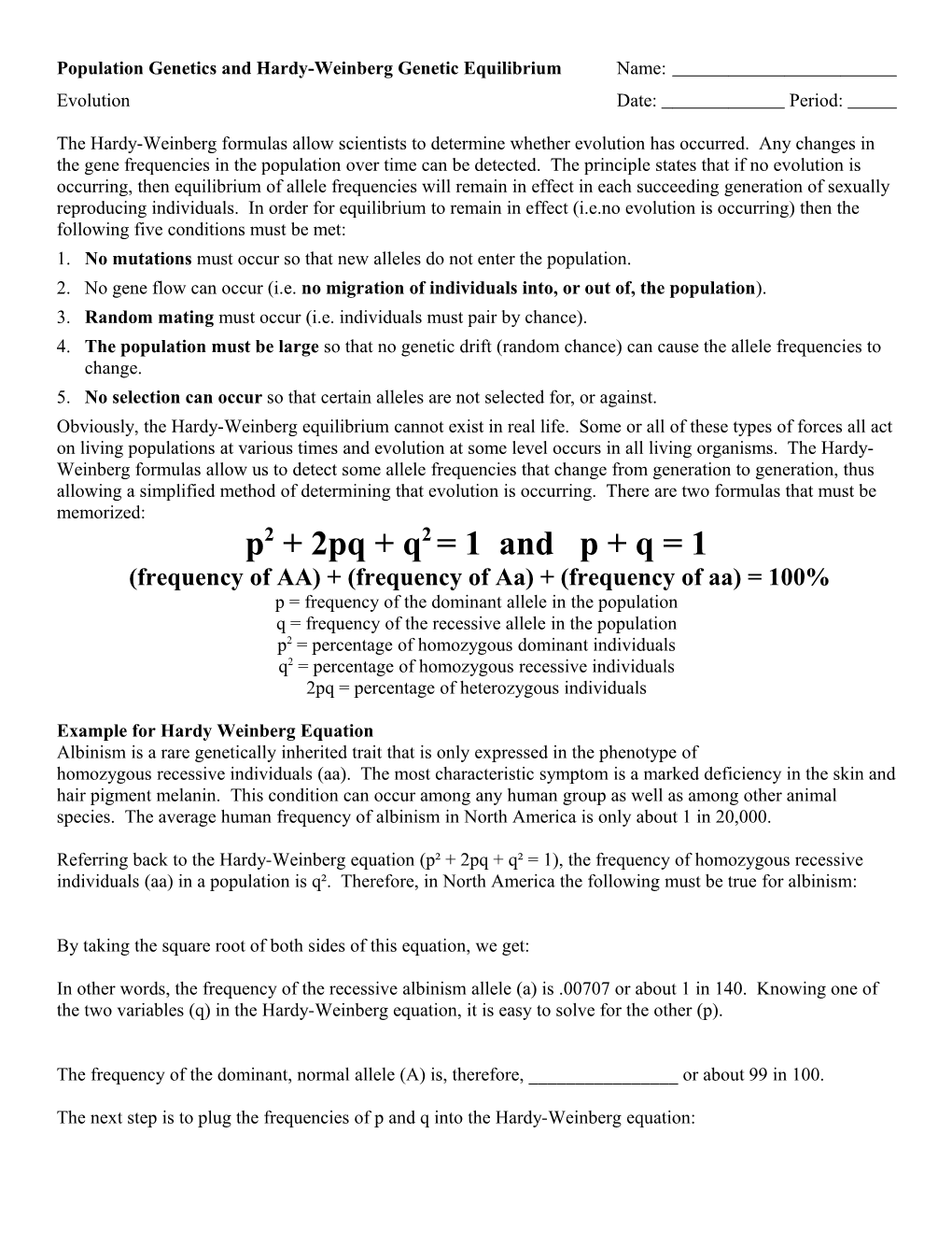 Population Genetics and Hardy-Weinberg Genetic Equilibrium Name