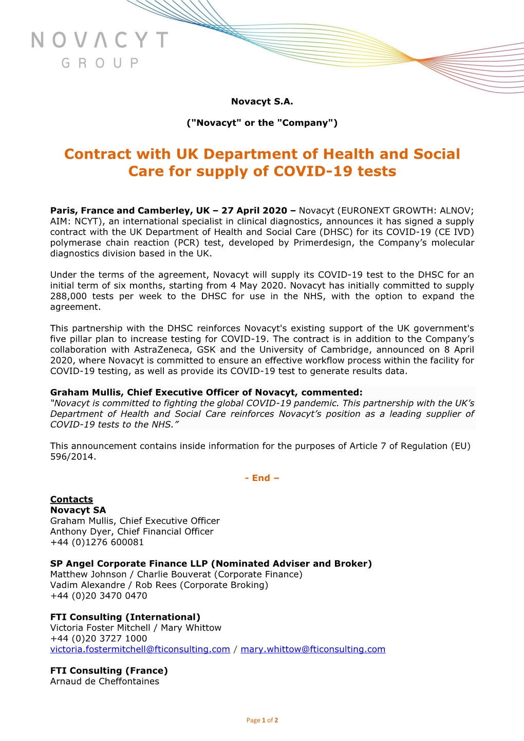 Contract with UK Department of Health and Social Care for Supply of COVID-19 Tests