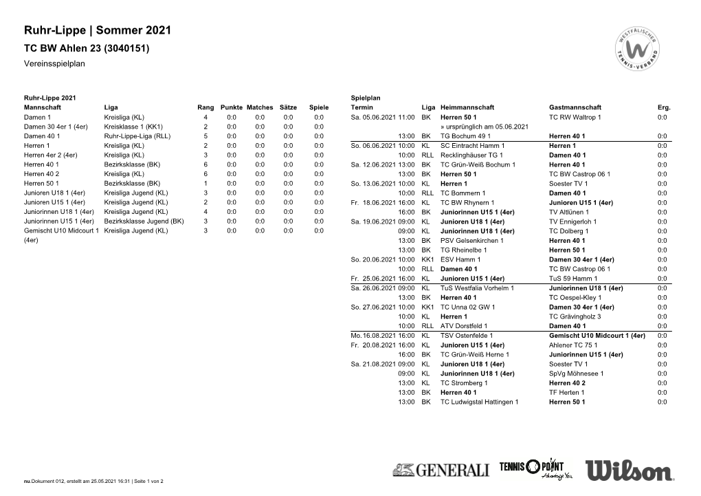 Ruhr-Lippe | Sommer 2021 TC BW Ahlen 23 (3040151) Vereinsspielplan