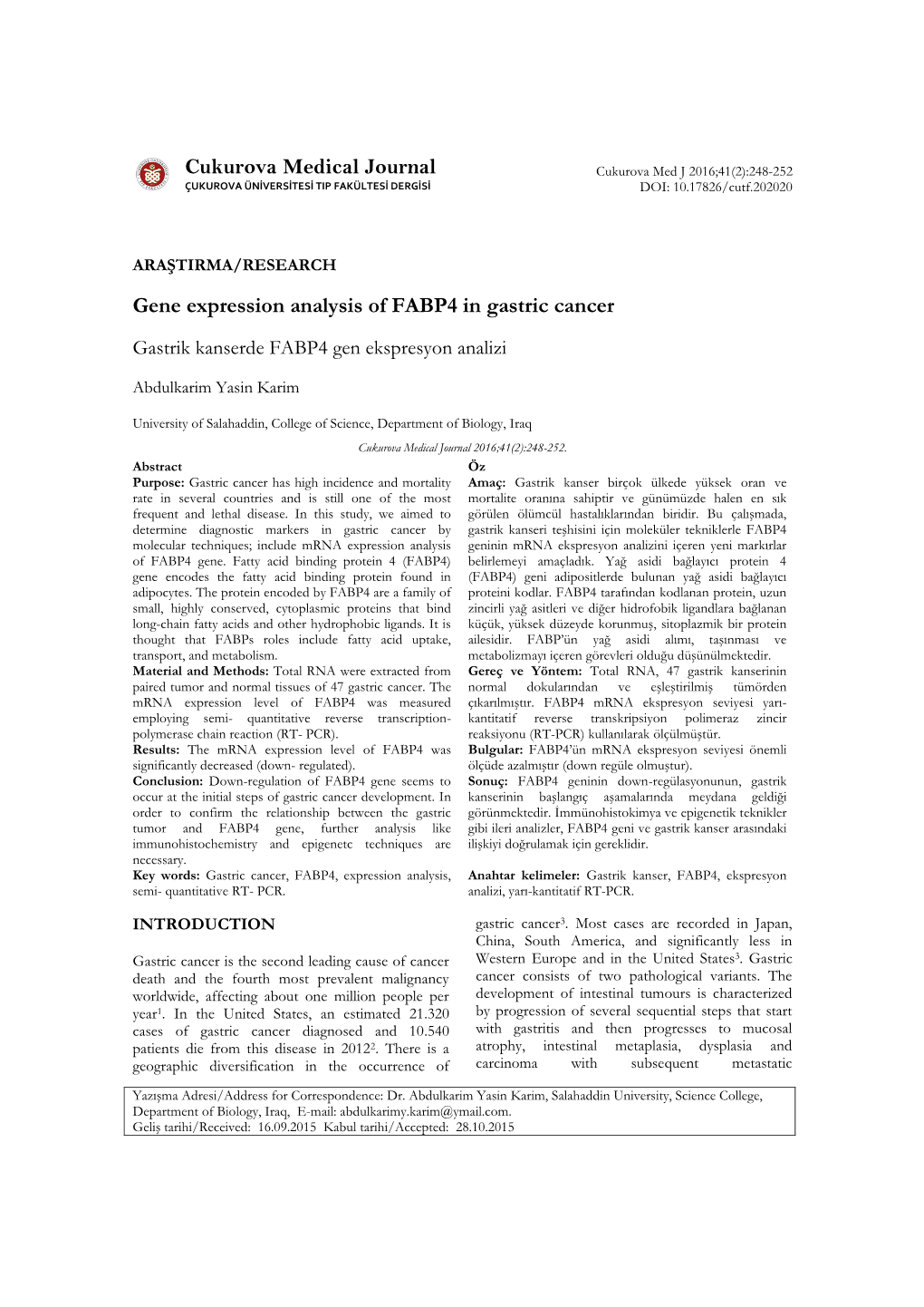 Gene Expression Analysis of FABP4 in Gastric Cancer