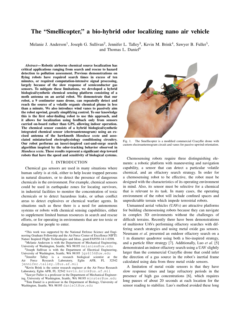 The “Smellicopter,” a Bio-Hybrid Odor Localizing Nano Air Vehicle