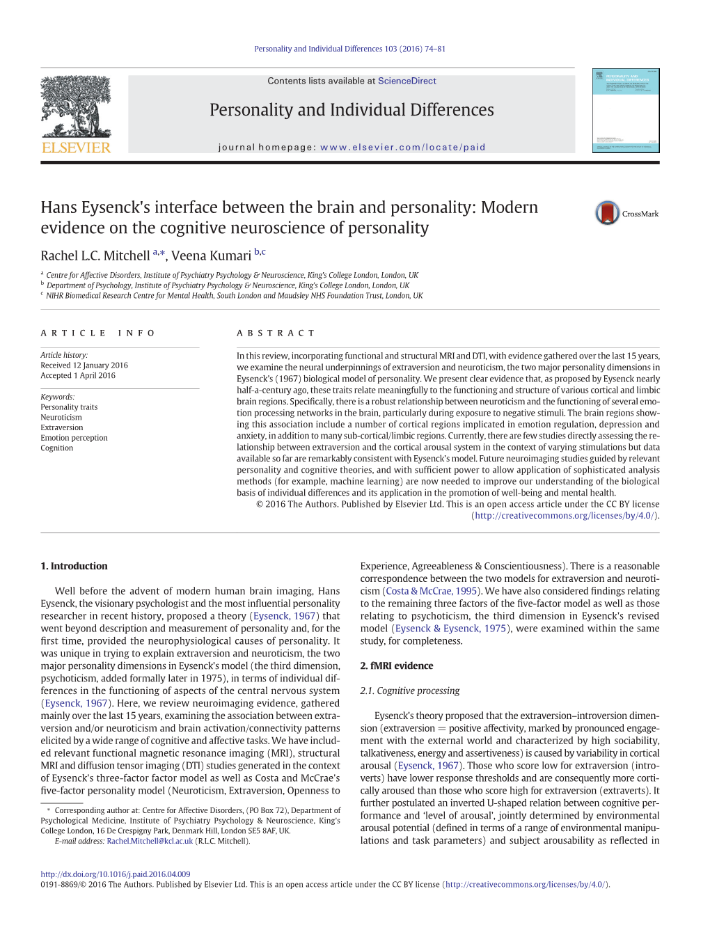 Hans Eysenck's Interface Between the Brain and Personality: Modern Evidence on the Cognitive Neuroscience of Personality