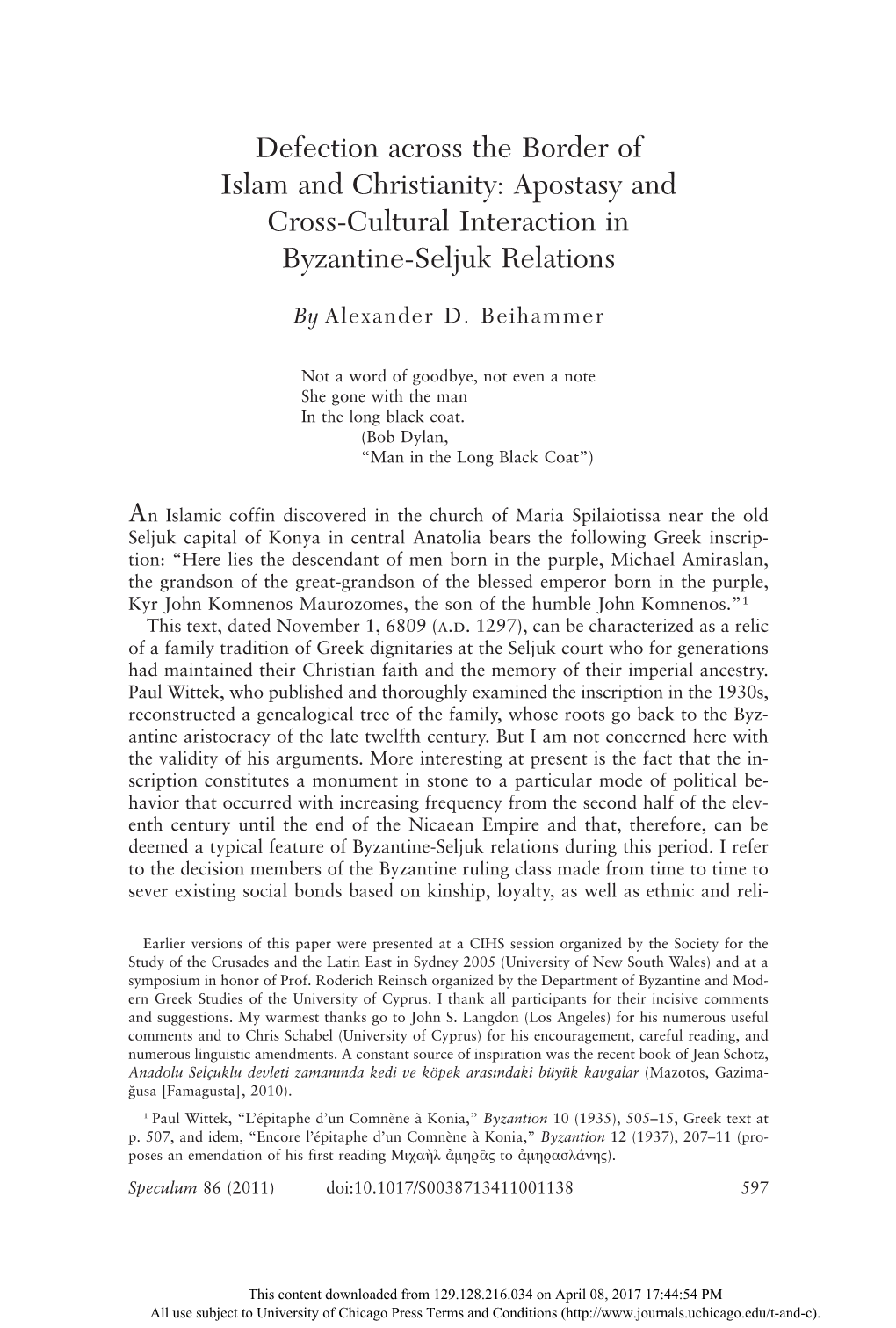 Defection Across the Border of Islam and Christianity: Apostasy and Cross-Cultural Interaction in Byzantine-Seljuk Relations