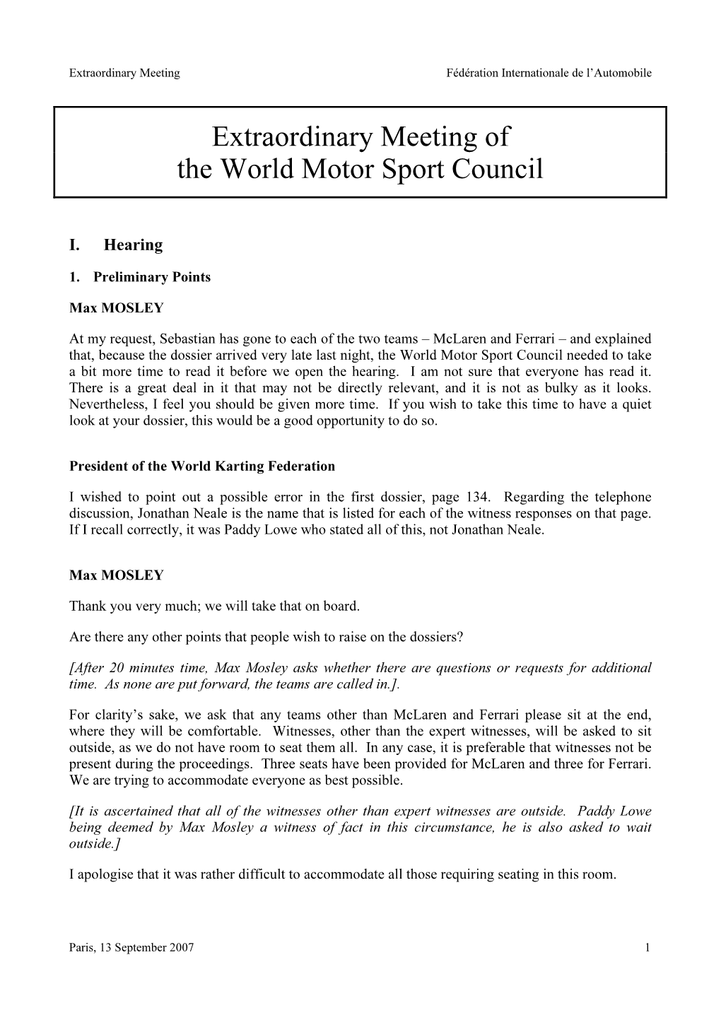 Extraordinary Meeting of the World Motor Sport Council