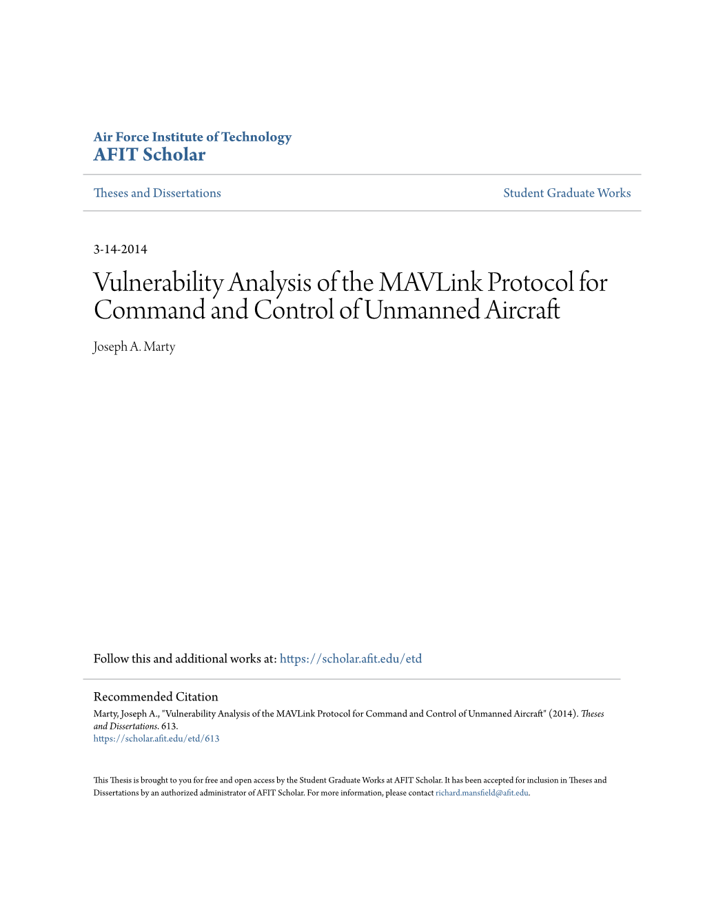 Vulnerability Analysis of the Mavlink Protocol for Command and Control of Unmanned Aircraft Joseph A