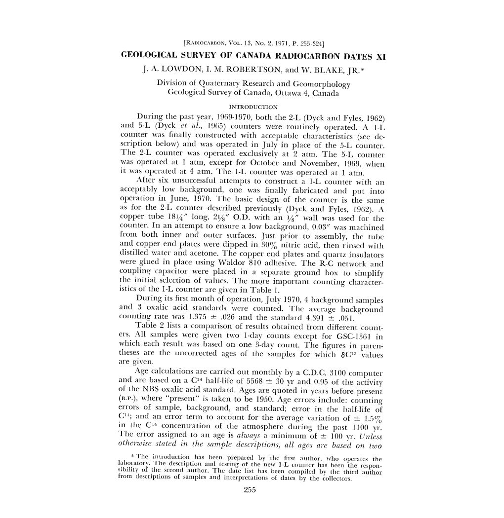 Geological Survey of Canada Radiocarbon Dates Xi Ja Lowdon, Im