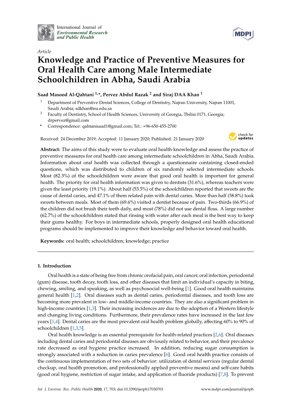 Knowledge and Practice of Preventive Measures for Oral Health Care Among Male Intermediate Schoolchildren in Abha, Saudi Arabia