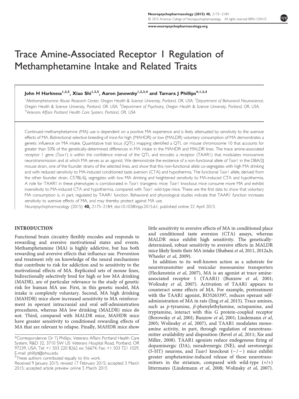 Trace Amine-Associated Receptor 1 Regulation of Methamphetamine Intake and Related Traits