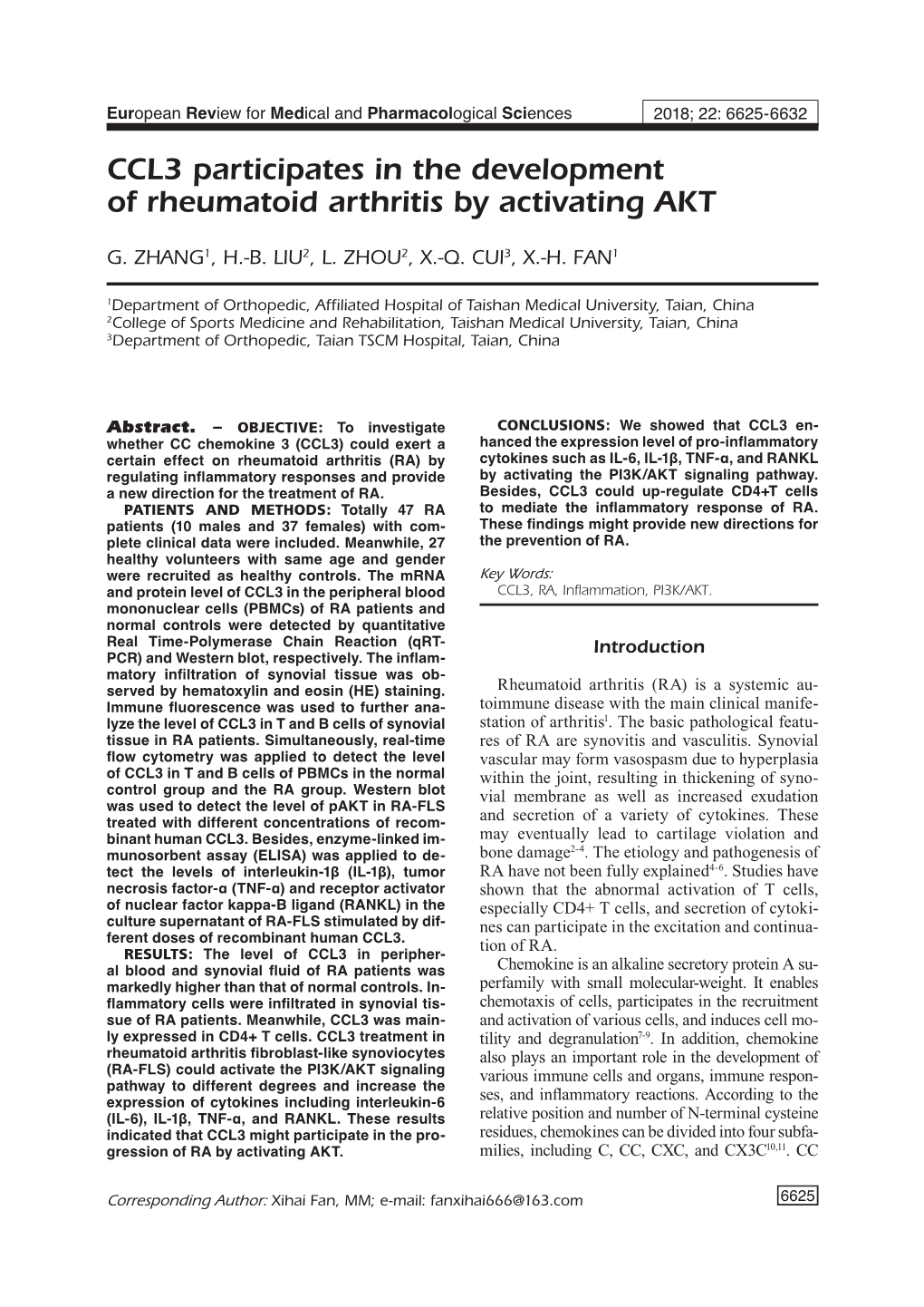 CCL3 Participates in the Development of Rheumatoid Arthritis by Activating AKT