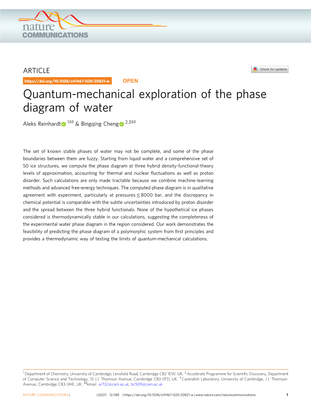 Quantum-Mechanical Exploration of the Phase Diagram of Water ✉ ✉ Aleks Reinhardt 1 & Bingqing Cheng 2,3